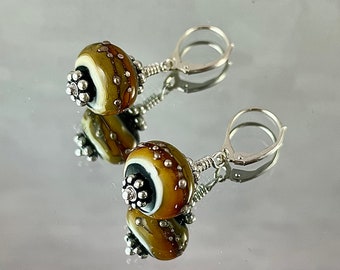 PRETZEL LAMPWORK EARRINGS. Artisan Lampwork. Pretzel-brown with Silver Glass "Salt." All Metal is Sterling Silver. Fun.