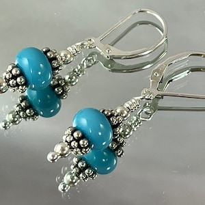 TURQUOISE LAMPWORK EARRINGS the Lampwork Glass is the Very Color of Rare Sleeping Beauty Turquoise All Metal is Sterling Silver Stunning