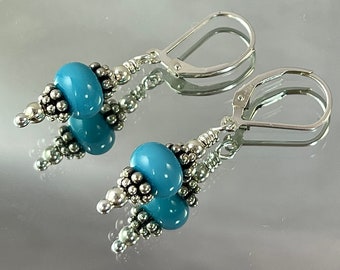 TURQUOISE LAMPWORK EARRINGS the Lampwork Glass is the Very Color of Rare Sleeping Beauty Turquoise All Metal is Sterling Silver Stunning