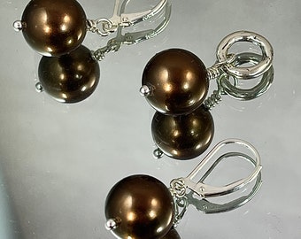 CHOCOLATE BROWN TAHITIAN Shell Pearl Earrings and Drop. An 18" Heirloom Sterling Chain is Included. All Metal is Sterling.