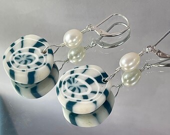 KUMO SHIBORI EARRINGS. Polymer Clay Imitates the Ancient Japanese Tie-dye. Freshwater Pearls. All Metal is Sterling Silver. Unique.