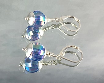 DINNER DATE Earrings Vintage West German Crystal Blue with Pink Aurora Borealis Coating Constant Play of Blue Lavender and Pink Fascinating