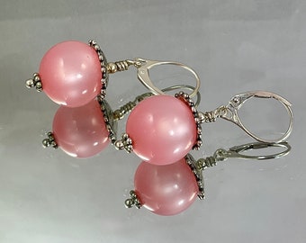 PINK MOONGLOW LUCITE Chatoyant Like the Finest Gemstones Translucent Capped with Artisan Sterling Caps All Metal is Sterling Unique Classic