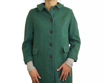 Women Harris Tweed Coat Green 80s Vintage Scottish Wool M D36 F38 US8 GB10 HD183