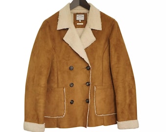 Vintage 90's Faux Shearling Coat: Brown Double Breasted Jacket (XL)