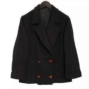 May include: A black double-breasted wool coat with brown buttons.