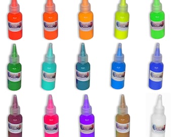 May include: A set of 15 bottles of paint in various colors, including neon green, orange, blue, purple, and white. Each bottle has a label that says "Super Paint" and a small image of a paintbrush.
