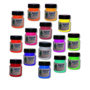 May include: A set of 14 small bottles of fluorescent acrylic paint in various colours, including orange, yellow, green, pink, purple, blue, red, and white. Each bottle has a black lid and a label that says "SIRIUS Fluorescent Acrylic Paint".