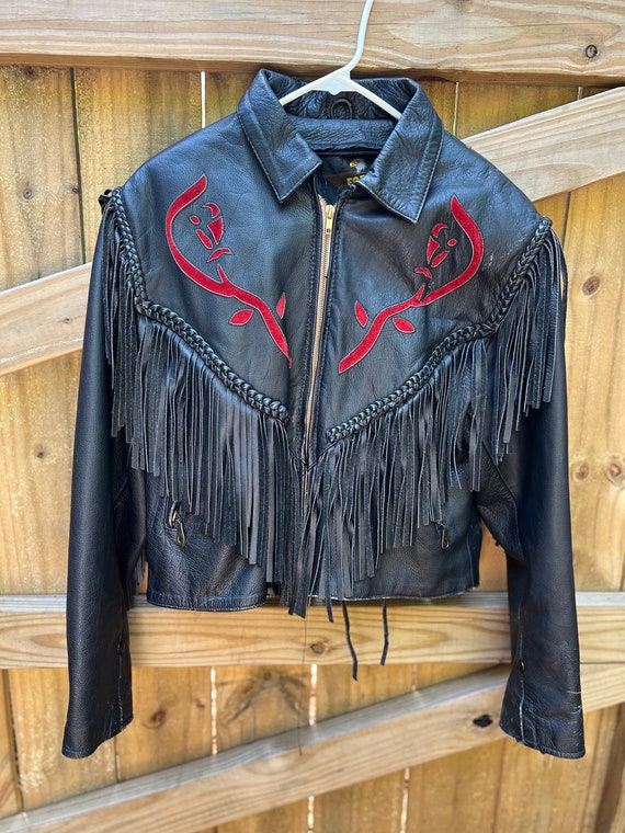 Vintage red rose leather fringe jacket