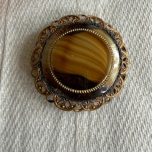 Western Germany Brown Art Glass Brooch, Filigree Frame, 1950s Vintage Jewelry