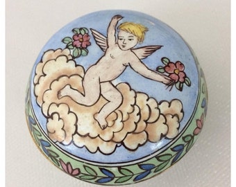 SALE Vintage Angel Cherub Hand Painted Enamel Copper Gold Gilded Vanity Boudoir Miniature Trinket Jewelry Box