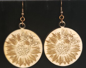 Wooden Bee and Flower Earrings - Maple Laser Earrings