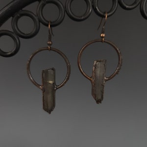 Smoky Quartz Earrings - Hypoallergenic Brass Hooks - Copper Electroformed Crystals
