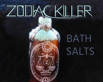 ZODIAC KILLER Blood orange, chocolate, pheromones. Bath Salts. Amber Boston apothecary bottle OOAK handmade.