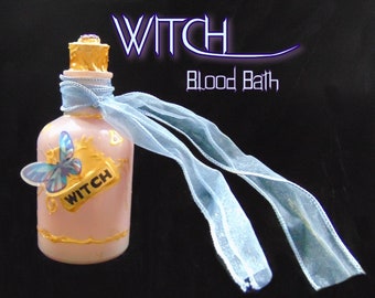 WITCH blood bath shower gel essential oil blend in an OOAK assemblage glass bottle,3-D butterfly and flying wire ribbon hermetically sealed