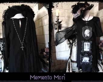 MEMENTO MORI Size 14  Dearly Beloved Dress 80's Vintage Original Tags, Funeral Trad Goth Shadow Sleeves Versatile Cryptic Keyhole Gothic