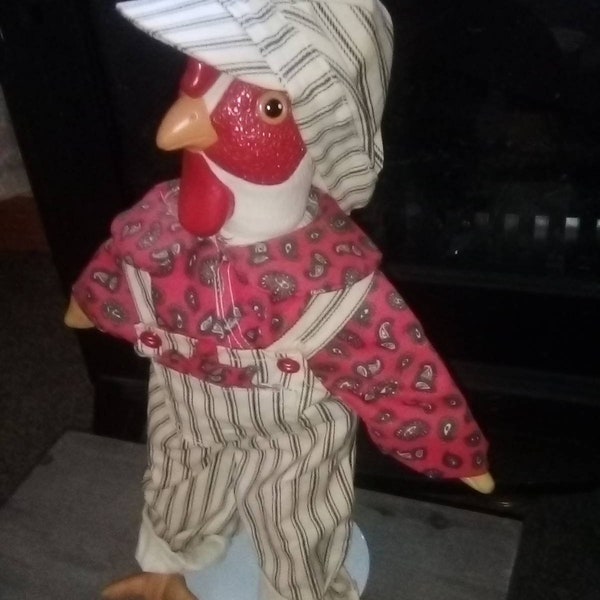 CAJUN KITCHEN rooster in railroad overalls with matching hat. 14 inches tall. Creole Gumbo. Red beans and rice. Chef decor. Louisiana Cajun