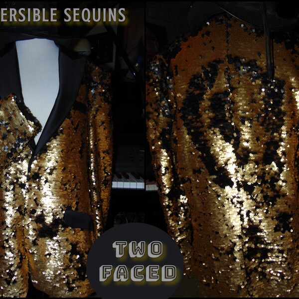 TWO FACED: M Mens Medium Formal tuxedo jacket. Reversible sequins.  Matte Gold. Black satin trim. Barabas. Celebrity. Red carpet music film