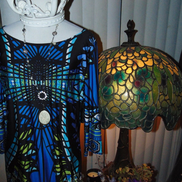 STAINED GLASS: Size 12 dress, Great Mother of Notre Dame, High Priestess, Rose wheel window blue green white black emerald chartreuse aqua