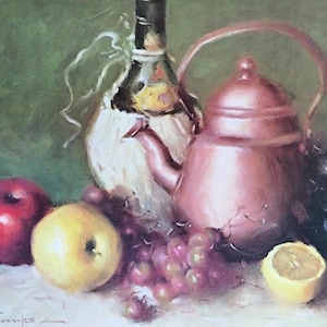 May include: Still life painting featuring a copper tea kettle, a wine bottle, and various fruits. A red apple, a yellow apple, grapes, and a lemon half are arranged on a white surface against a green backdrop. The artwork has a classic, vintage feel.