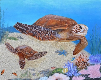 Coral Reef Sea Turtles 16x20 Inch Wrapped Canvas Acrylic Painting