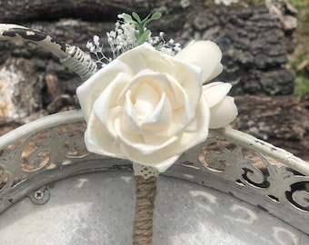 READY TO SHIP in 3 business days Wedding Boutonniere Sola Flower Ivory Sola Boutonniere Rustic Groom Groomsman Father Bride Rose Eucalyptus