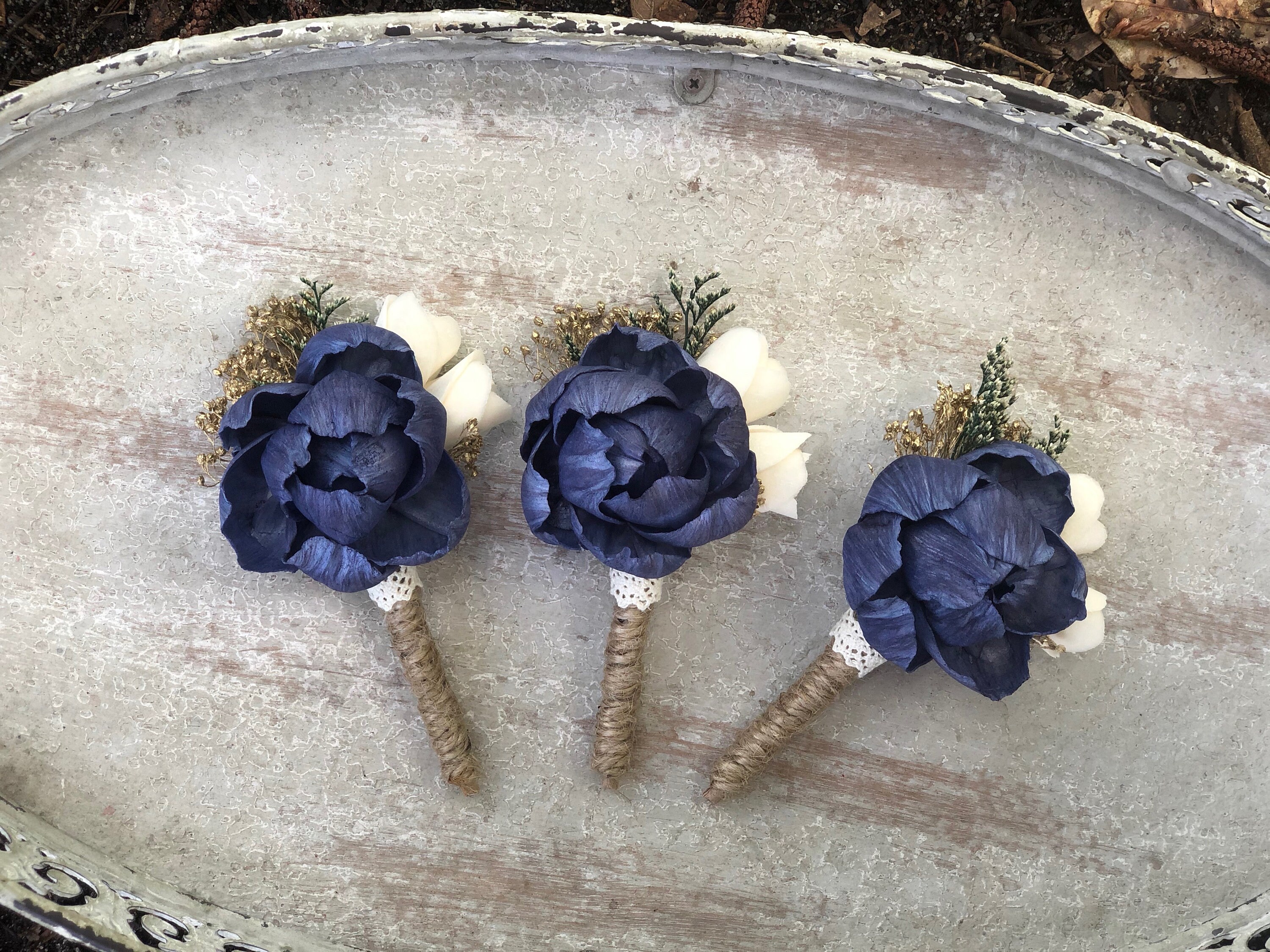 Sola Flower Navy Gold Sola Boutonniere Rustic Boutonniere Navy Etsy