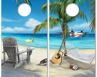 Details about / Party Time Beach Scene Cornhole Board Wraps Laminated Sticker Set Skin Decal