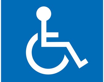 May include: A blue square sign with a white wheelchair symbol. The symbol is a stylized representation of a person in a wheelchair.