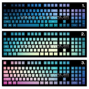 May include: Three keyboard layouts with different color schemes. The first keyboard has a blue and teal color scheme. The second keyboard has a green and yellow color scheme. The third keyboard has a pink and purple color scheme.