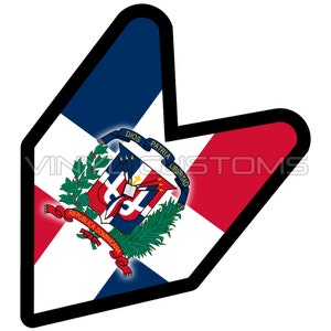 May include: A red, white, and blue arrow-shaped sticker with the Dominican Republic coat of arms in the center. The coat of arms features a shield with a cross, a bible, and a spear. The text around the shield reads "Dios, Patria, Libertad" and "Republica Dominicana".