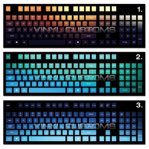 May include: Three keyboard layouts with different color schemes. The first keyboard has orange and yellow keys, the second keyboard has blue and green keys, and the third keyboard has blue keys.