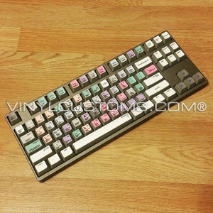 May include: A gray keyboard with custom keycaps featuring various colors and symbols. The keycaps are labeled with different functions and shortcuts, including "F1" through "F12", "Backspace", "Enter", "Shift", "Ctrl", and "Alt". The keyboard also has a white space bar with the word "space" printed on it.
