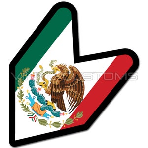 May include: A black and white arrow-shaped sticker with the Mexican flag design. The flag features a green, white, and red color scheme with the Mexican coat of arms in the center. The coat of arms features a golden eagle perched on a cactus with a snake in its beak.
