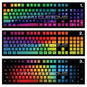 May include: Three keyboard layouts with rainbow colored keys. The keys are labeled with numbers, letters, and symbols. The keyboard layouts are numbered 1, 2, and 3.