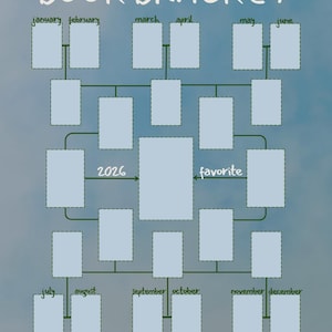 May include: A light blue book bracket chart with the text "BOOK BRACKET" at the top. The chart includes boxes for each month, labeled January through December, and a space for a favorite book in 2026. The creator's handle, @lyndsay_bibliophile, is at the bottom.