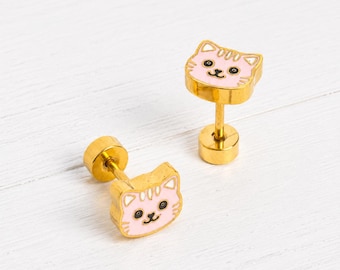 Pink Kitty Screwback Earrings for Girls, 14k Gold PVD Plated Cute Cat Stud Earrings, Kids Jewelry, Cat Lover Gift, Christmas Gift for Girls