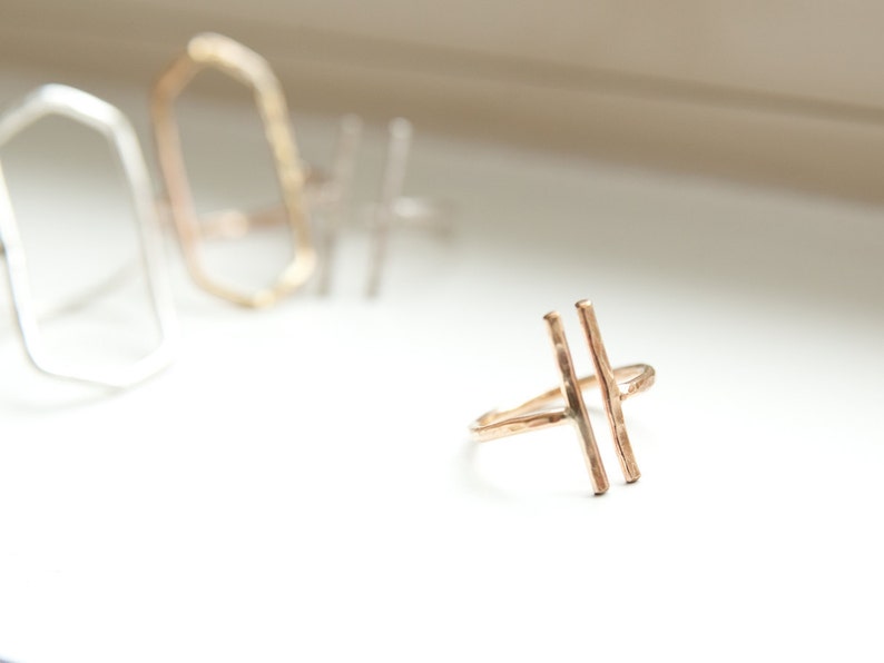 Geometric Gold Ring, Hammered Rose Gold, Gold or Silver Handcrafted Textured Ring, Adjustable Double Bar Minimalist Ring, Best Gift for Her