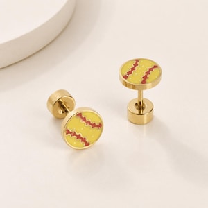 Softball-Ohrringe für Kinder mit Schraubverschluss, 14 Karat PVD-vergoldeter Edelstahl und Emaille, Weihnachtsgeschenk für Softball-Fans, Sportschmuck