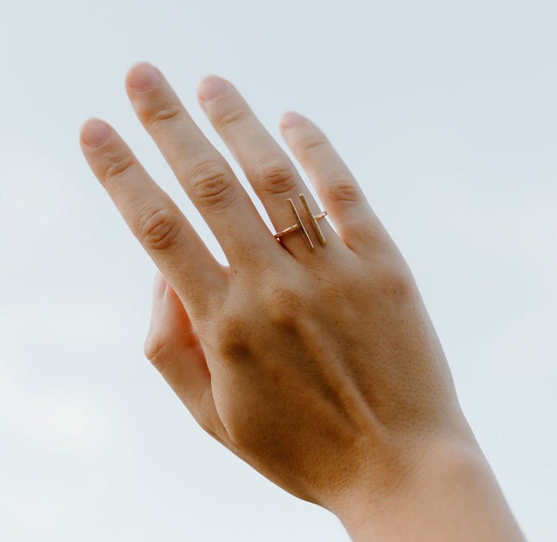 Geometric Gold Ring, Hammered Rose Gold, Gold or Silver Handcrafted Textured Ring, Adjustable Double Bar Minimalist Ring, Best Gift for Her image 1