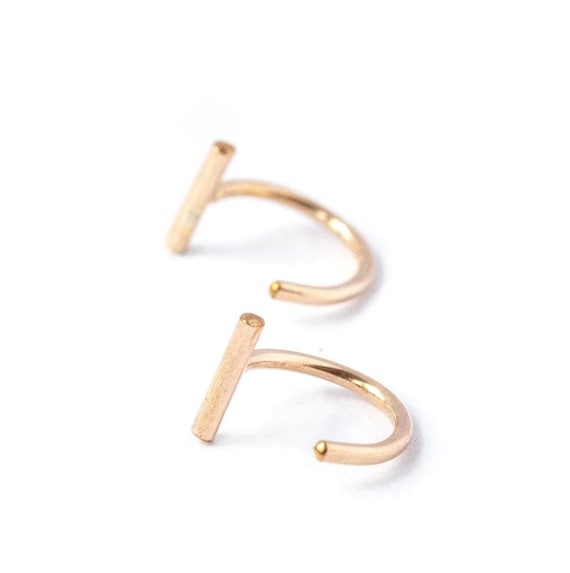 14k Solid Gold Small Bar Hoops, Gold Bar Huggie Wrap Hoops