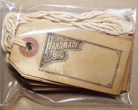Handmade Tea Dyed- Hand Stamped "Handmade By... " Product and Gift Tags - 10 pc