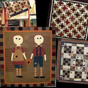 May include: A collection of patchwork quilt squares featuring various designs, including a checkered pattern, a floral pattern, and a design with two figures. The figures are stylized dolls with red and blue clothing. The squares are framed with a brown border.