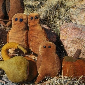 May include: A collection of handmade fabric owl and gourd-shaped decorations in various shades of brown, orange, and green. The owls have button eyes and some have key pendants. The items are arranged on a bed of dry grass and rocks.