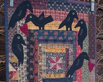E-Pattern (PDF) Downloadable - Primitive Appliqué Quilt called "A Murder of Crows"  by Marian Edwards