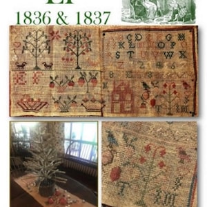May include: A printed page featuring antique samplers with the text "EF 1836 & 1837." The samplers showcase cross-stitch designs of trees, houses, and alphabets. The image also includes a small illustration of people and a table setting with a Christmas tree.