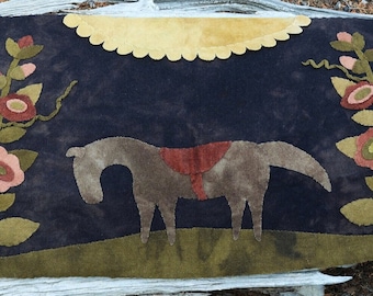 Pattern: "Horse in the Holly Hocks"  Wool Mat Runner by Kay Cloud & Laura Hakes