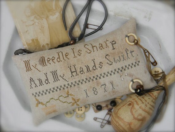 Pattern: My Needle is Sharp Sewing Cross Stitch Pillow created by Notforgotten Farm