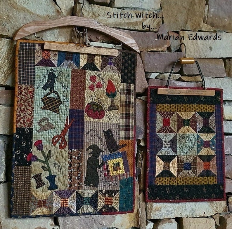 E-Pattern PDF Downloadable Primitive Appliqué Quilt & Doll Quilt duo called Stitch Witch by Marian Edwards image 1