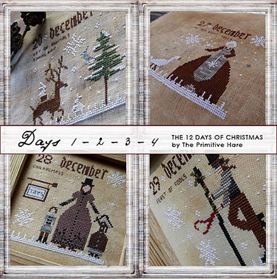 Pattern: 12 Days of Christmas Cross Stitch Set of 3 Patterns (12 designs) - Primitive Hare